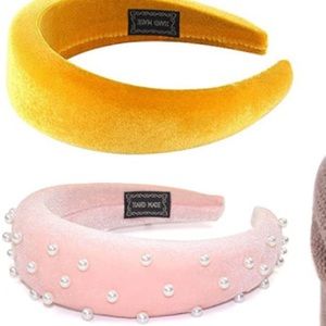 Set of 2 Padded velvet headbands elegant Pink pearl beaded Yellow handmade